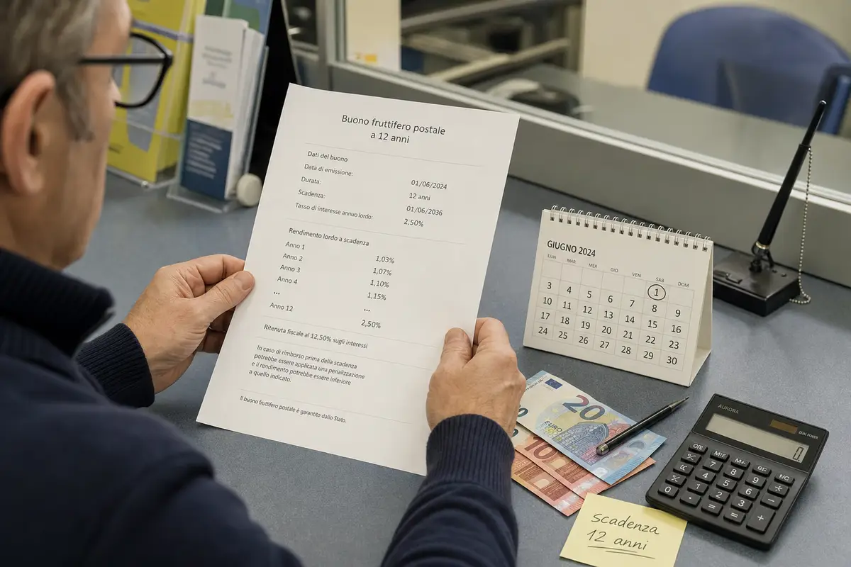 Risparmiatore in ufficio postale con documento “Buono fruttifero postale a 12 anni”, banconote euro e calcolatrice