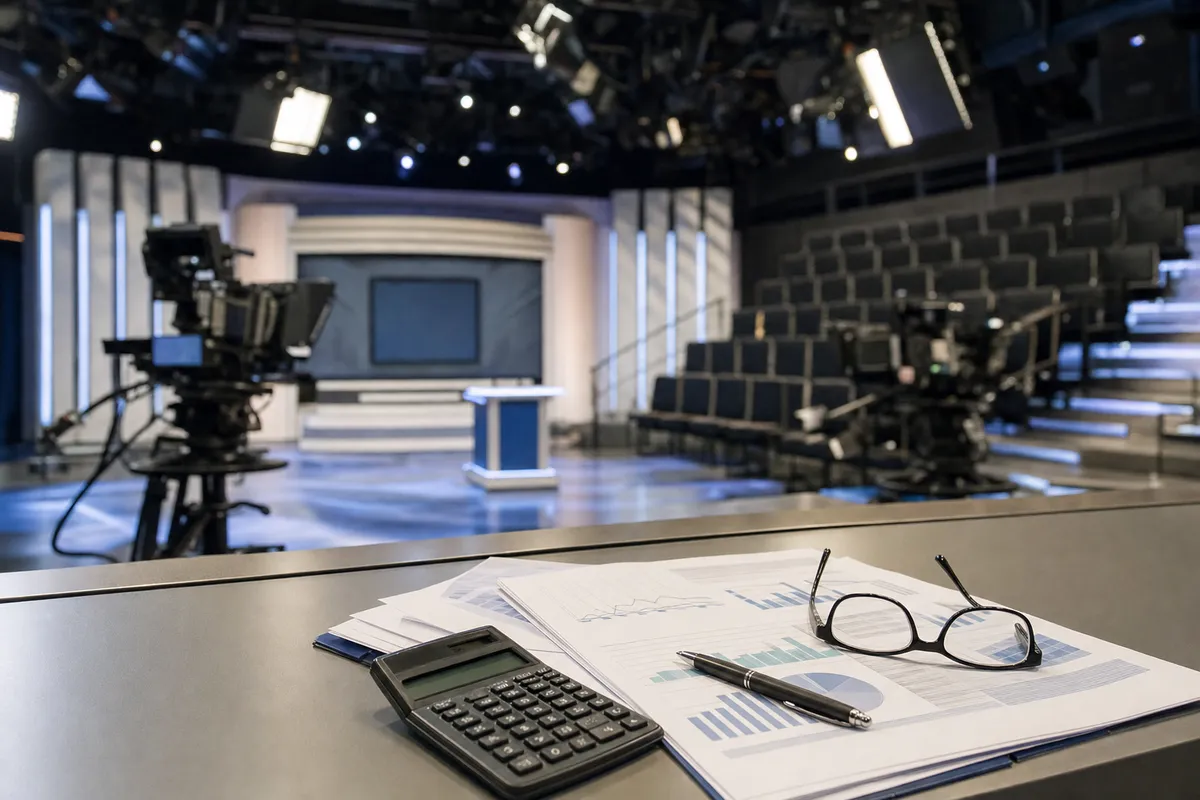 Studio televisivo vuoto con telecamere e gradinate, in primo piano documenti con grafici, calcolatrice, penna e occhiali