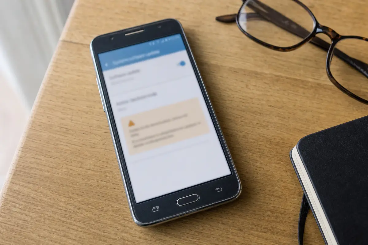 Vecchio smartphone Android su scrivania in legno con schermata impostazioni sfocata e avviso, accanto a occhiali