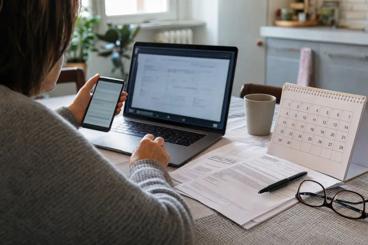 Persona al tavolo con smartphone e laptop, documenti e calendario di settembre mentre controlla una pratica