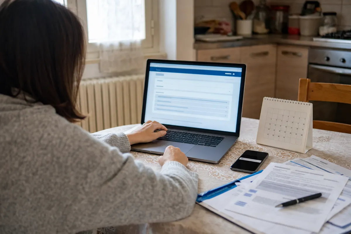 Persona al tavolo della cucina controlla una pratica online sul laptop, con documenti, smartphone e calendario da tavolo