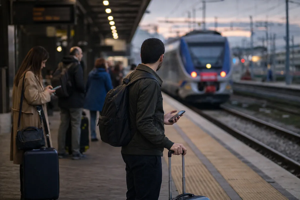 Passeggeri su un binario in stazione al tramonto, uomo con zaino e valigia controlla il telefono mentre arriva un treno