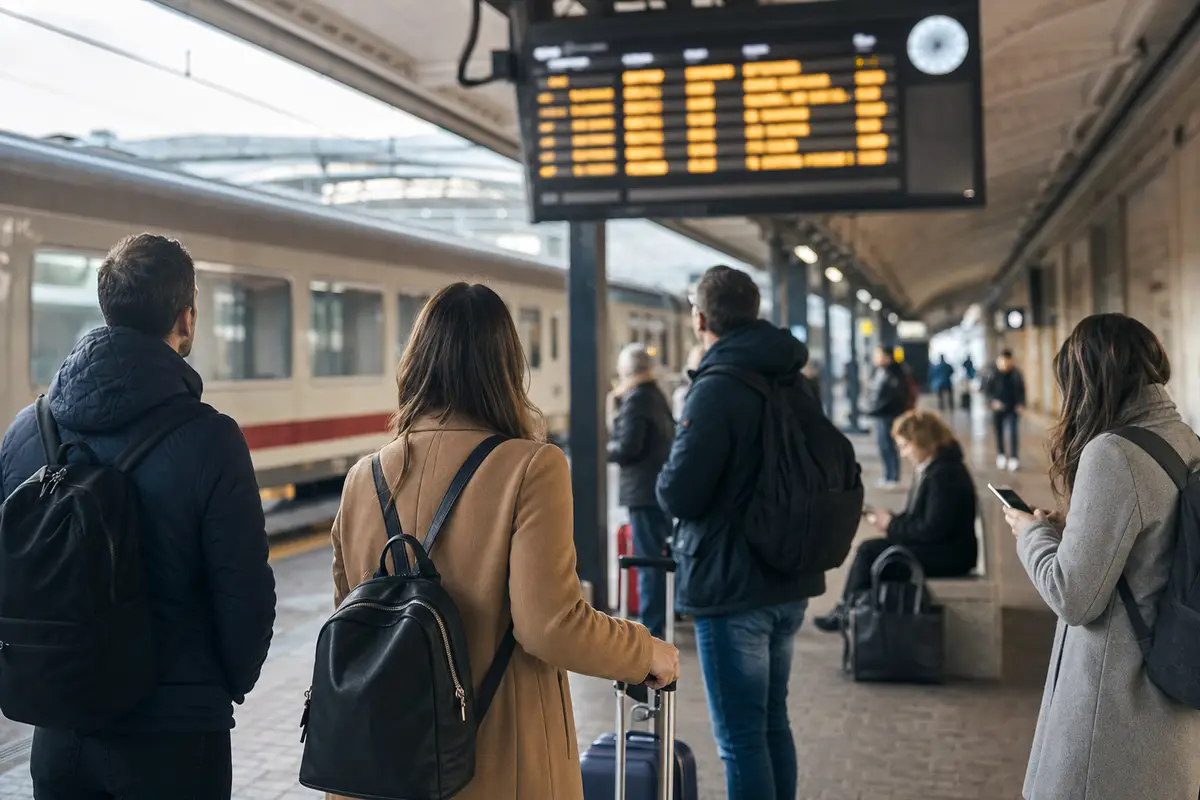 Viaggiatori in attesa su un binario con treno fermo e tabellone partenze sfocato in stazione