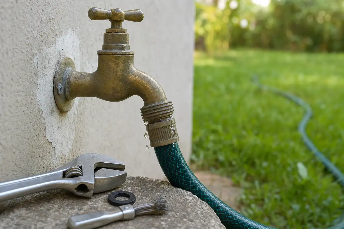 Rubinetto esterno in ottone con tubo da giardino e gocce d’acqua dal raccordo, con chiave inglese e guarnizione