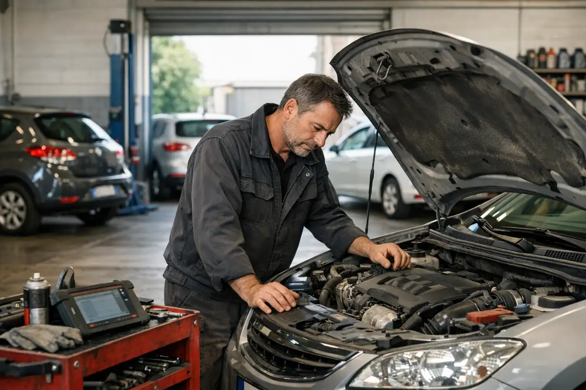 Meccanico in officina controlla il motore di un’auto con cofano aperto, con altre vetture sullo sfondo