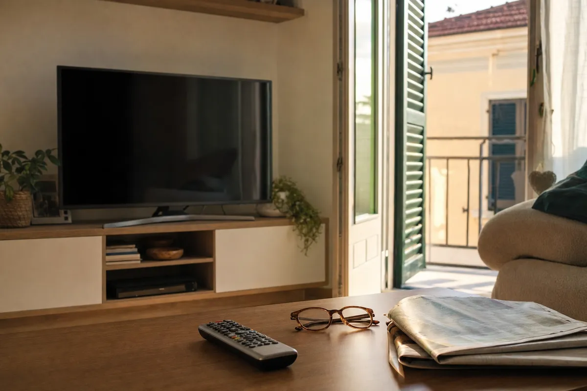 Televisore spento in salotto con telecomando, occhiali e giornale sul tavolino, luce estiva da una finestra aperta