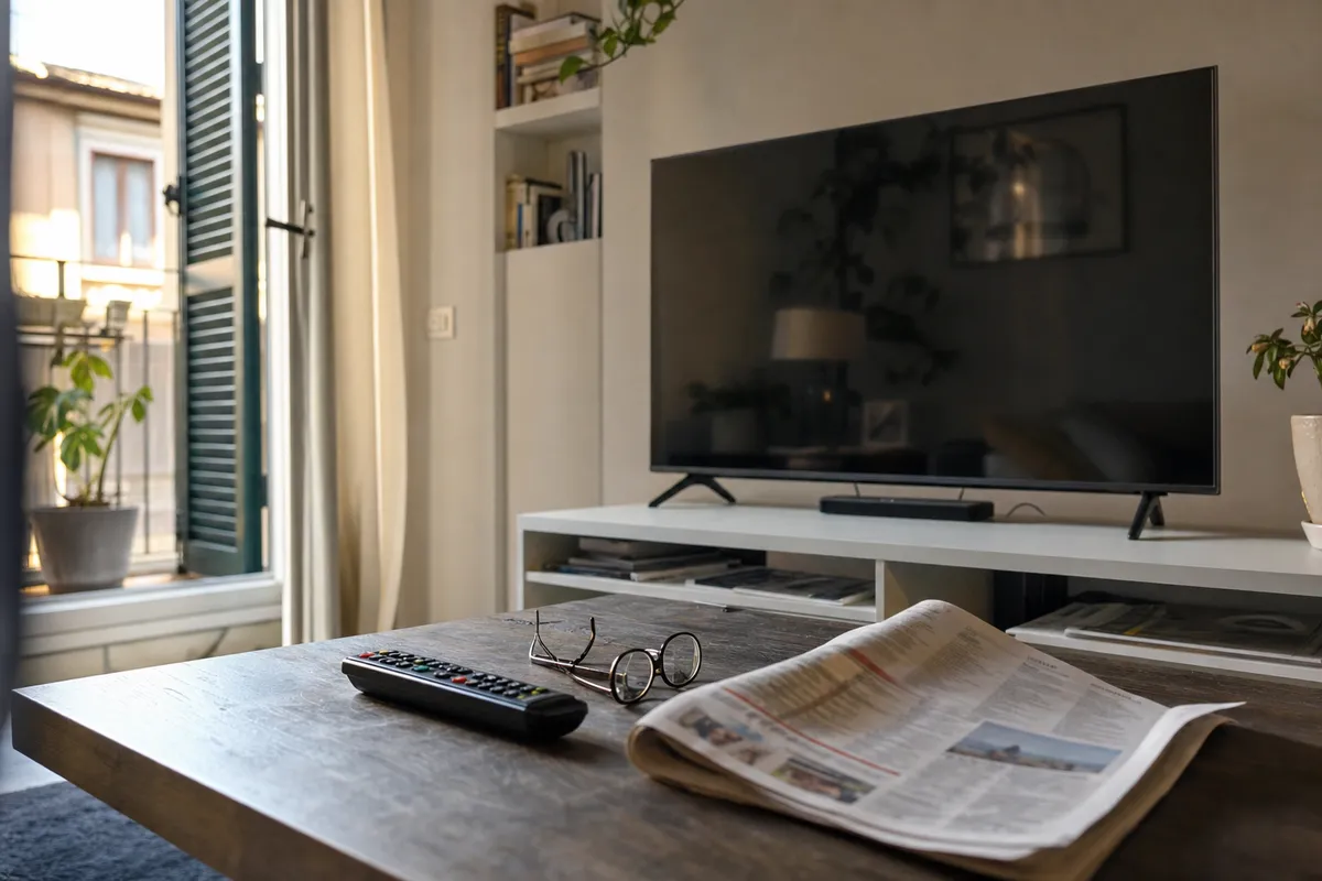 TV a schermo nero in salotto, con telecomando, occhiali e giornale sul tavolino illuminato dal sole estivo