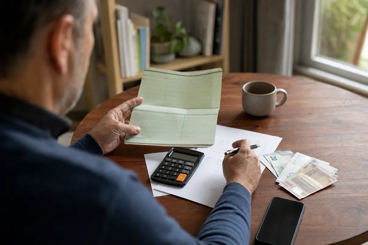 Risparmiatore al tavolo con libretto, calcolatrice, penna e banconote in euro, mentre controlla documenti
