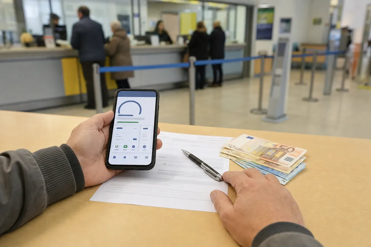 Mani con smartphone e modulo sul banco, con penna e banconote in euro in un ufficio postale sfocato sullo sfondo