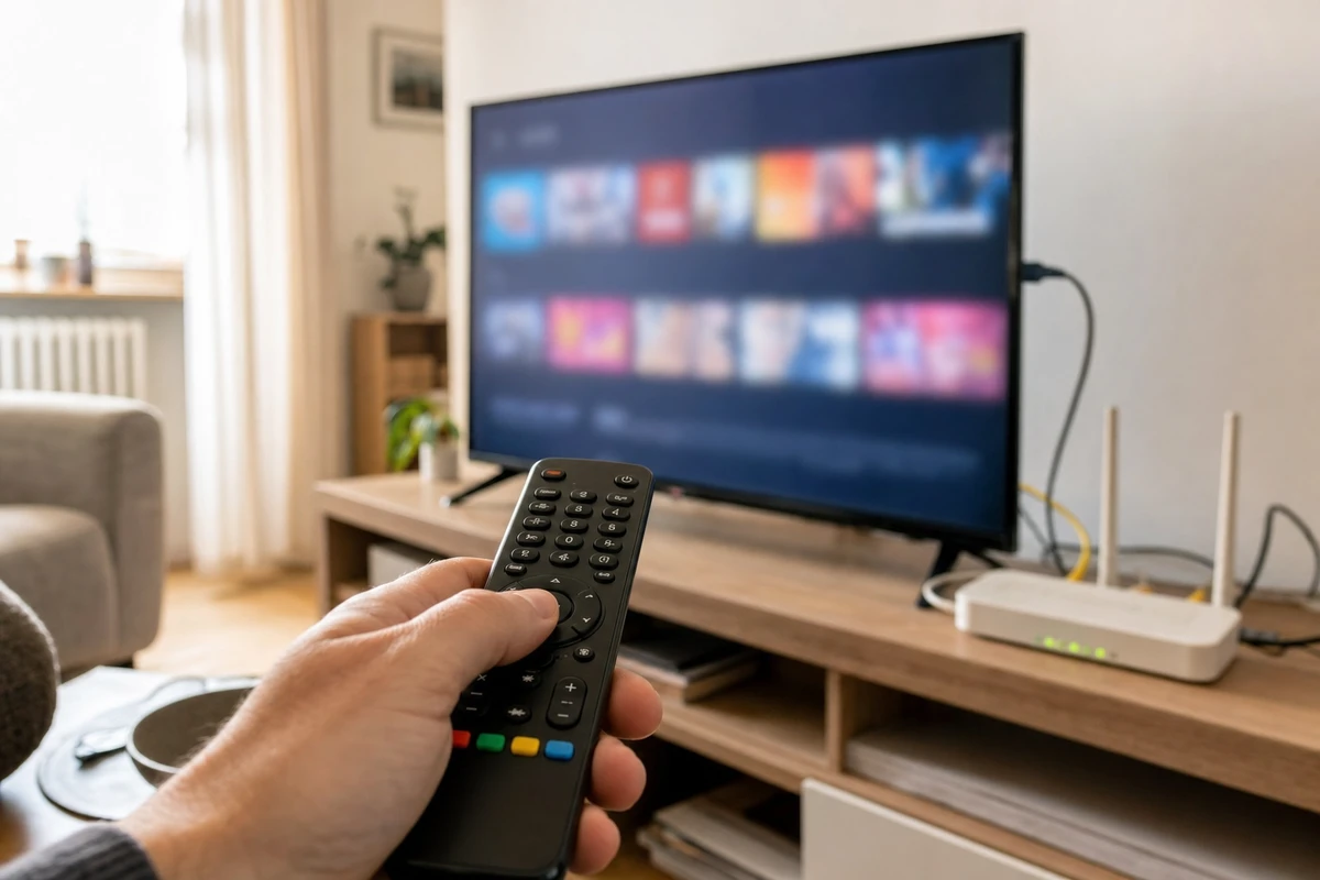 Mano con telecomando e tasti colorati davanti a smart TV e router Wi‑Fi in salotto