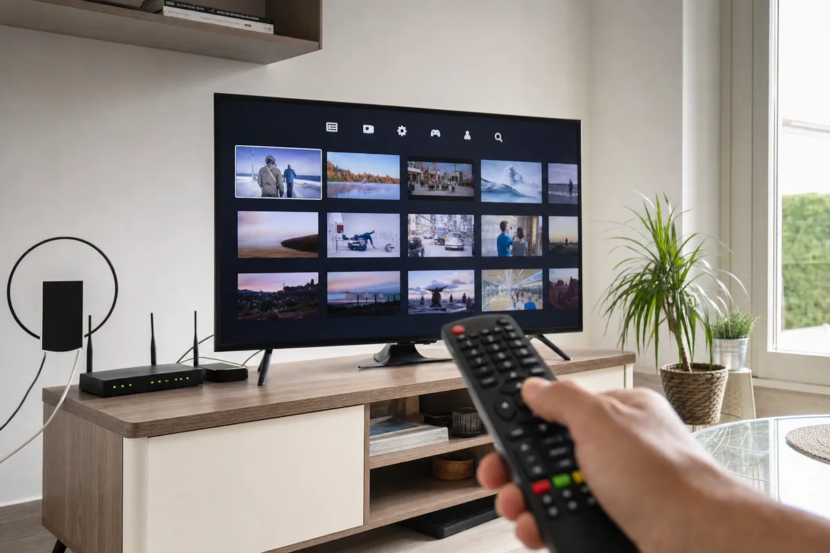 Telecomando con tasti colorati puntato verso una smart TV con menu a riquadri, vicino a un router su mobile TV