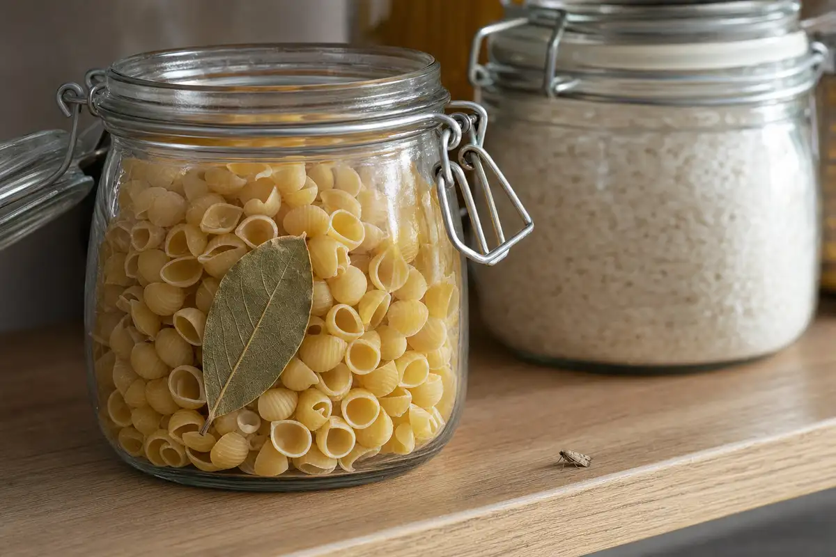 Barattolo di vetro con pasta e una foglia di lauro secca, su ripiano di dispensa con una piccola tarma alimentare