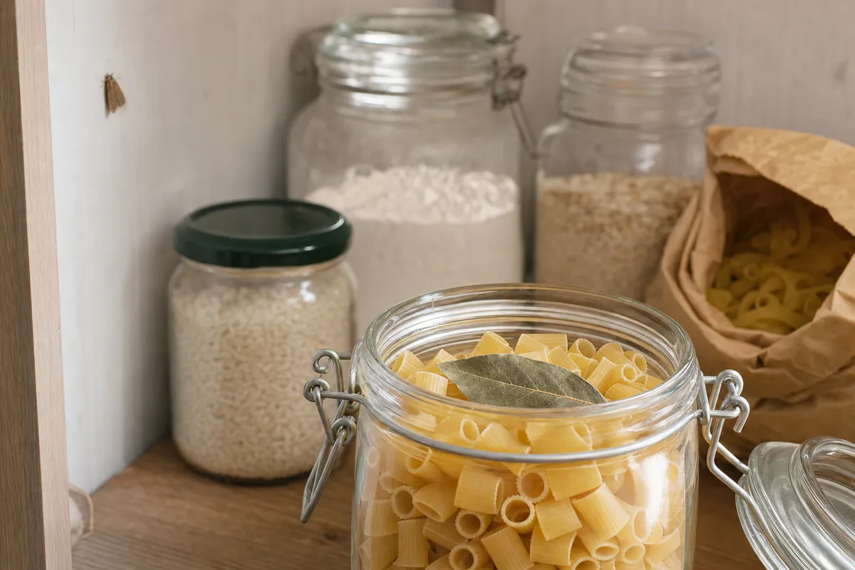 Barattolo di pasta con foglia di alloro secca sopra, in dispensa con altri contenitori e una piccola tarma sullo sfondo