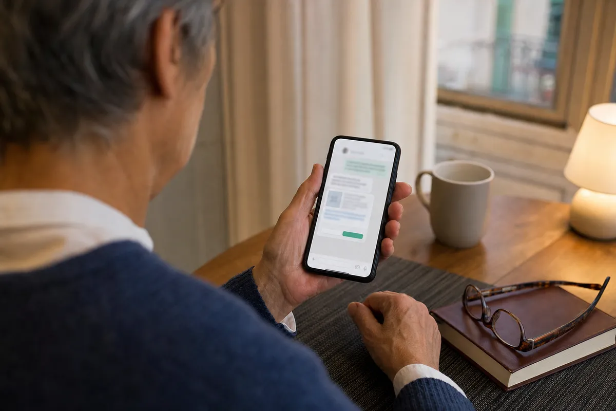 Persona anziana al tavolo che guarda un messaggio con link sullo smartphone, con tazza e occhiali accanto