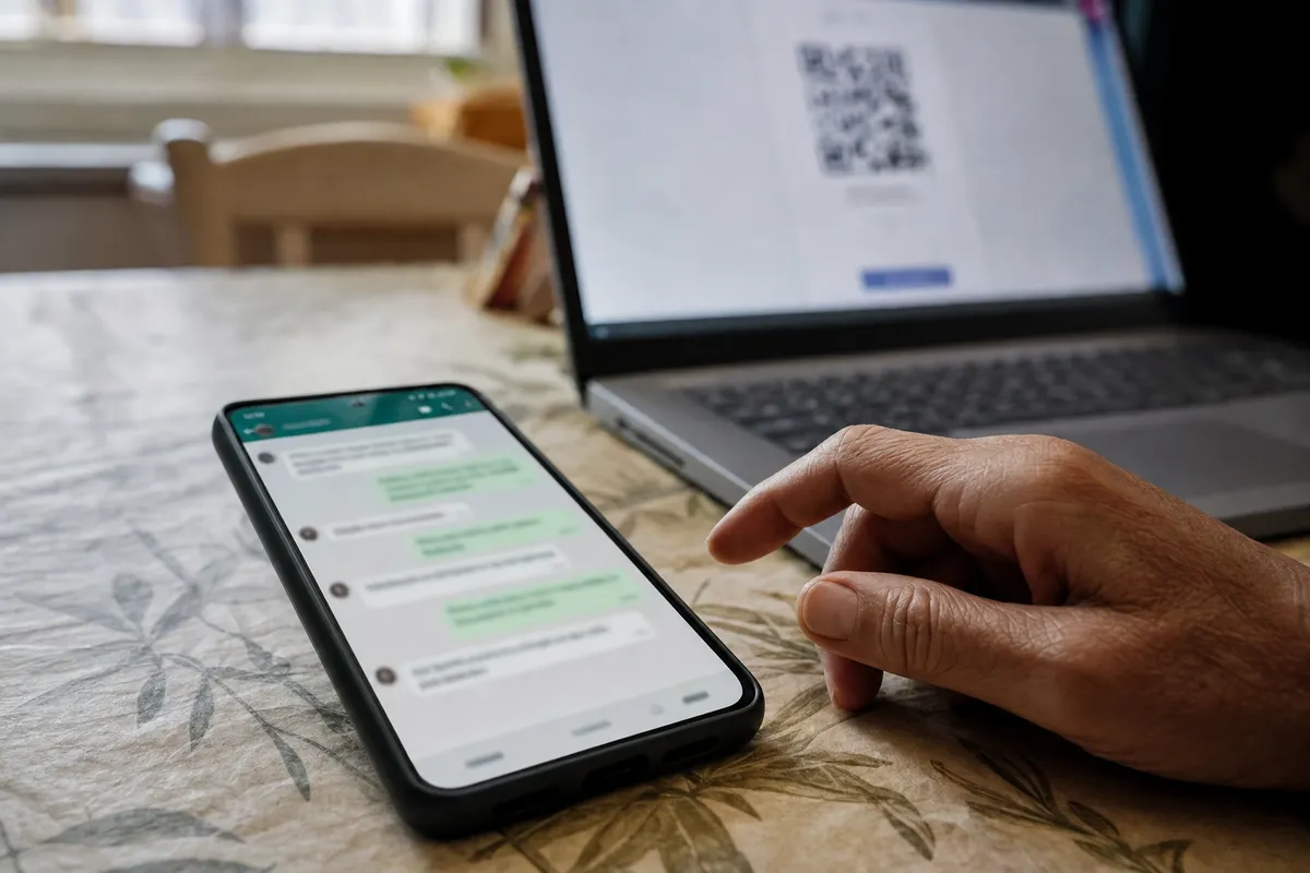 Smartphone con chat sfocata sul tavolo e mano esitante, con laptop sullo sfondo e un QR code fuori fuoco