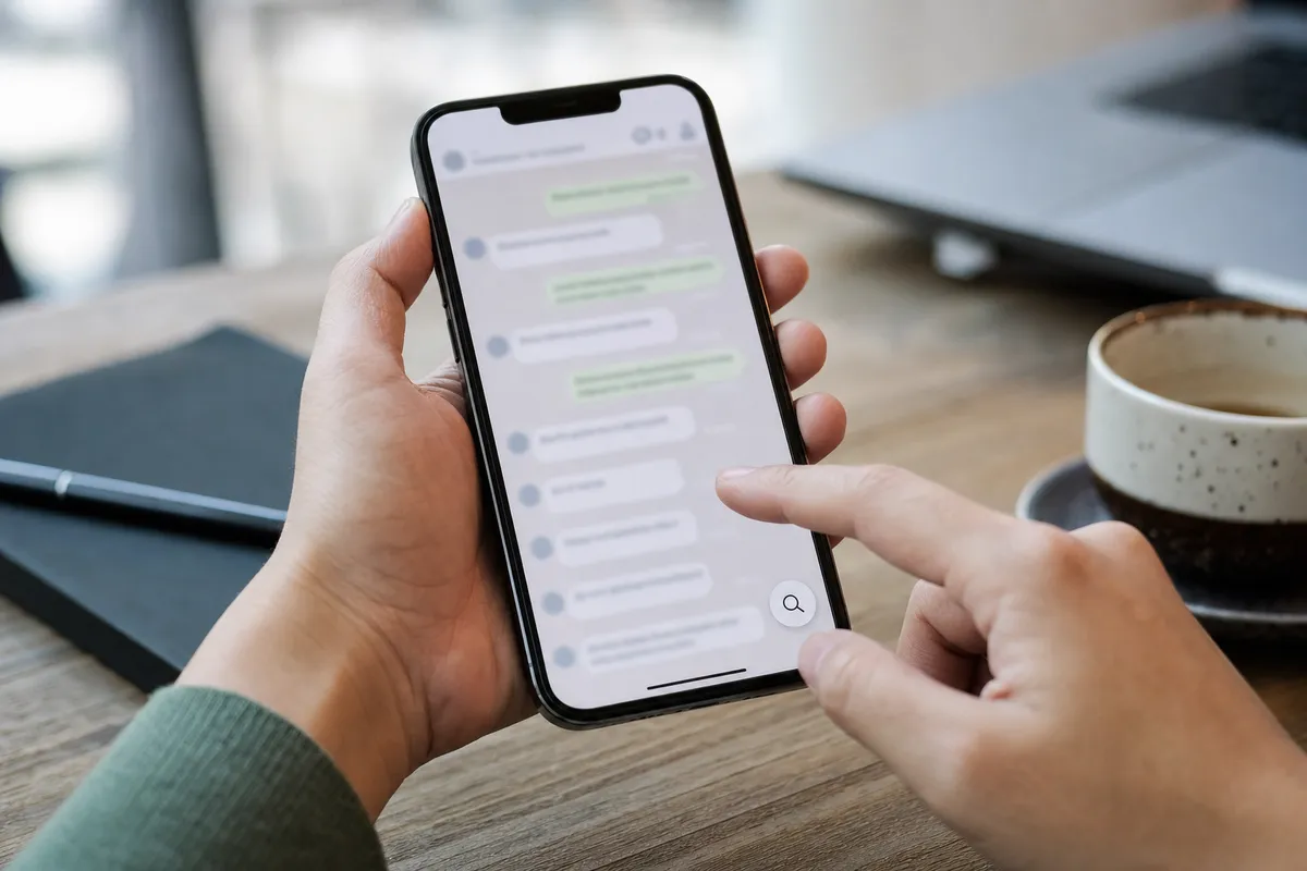 Smartphone in mano con chat scorrevole e pulsante flottante con icona della lente di ingrandimento