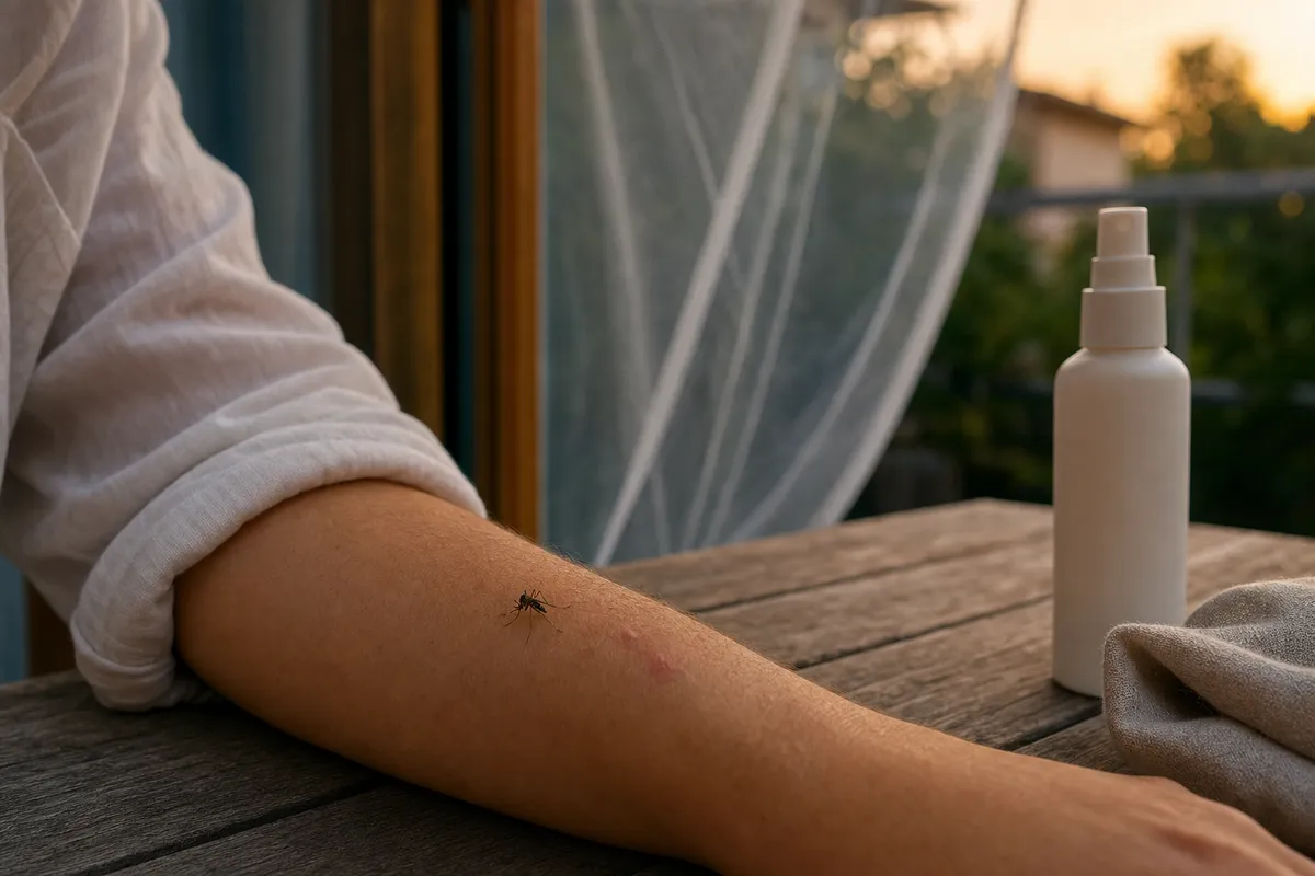 Zanzara posata sull’avambraccio con un lieve ponfo, accanto a uno spray repellente su un tavolo all’aperto al tramonto