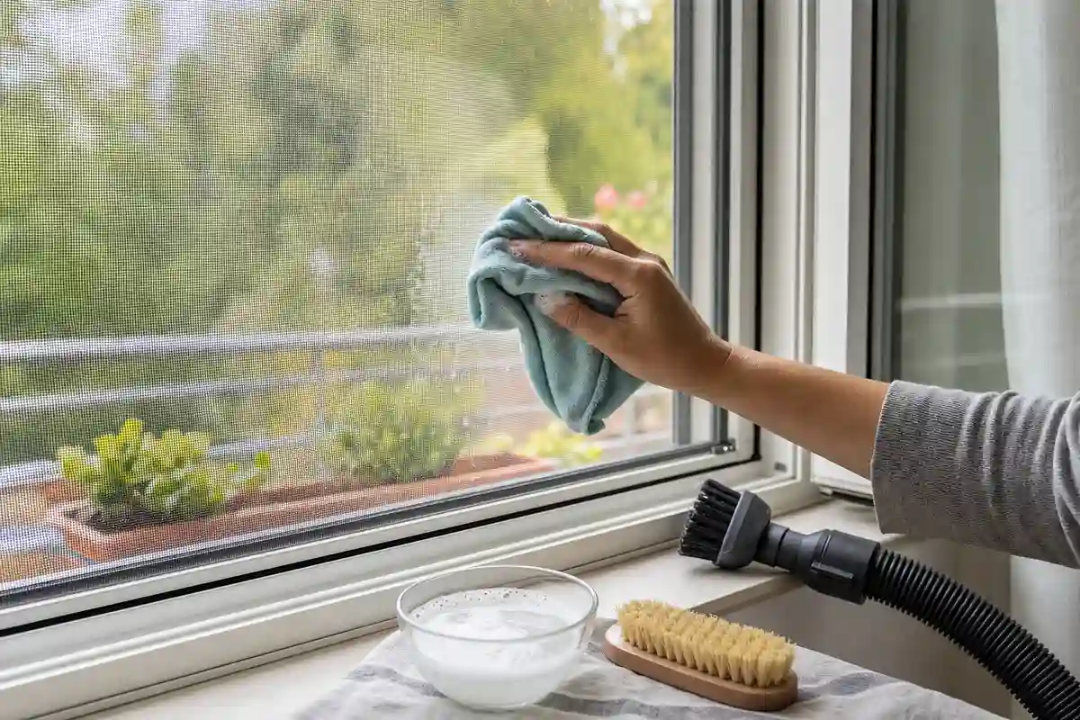 Mano che pulisce la zanzariera alla finestra con panno in microfibra, con bocchetta dell’aspirapolvere sul davanzale