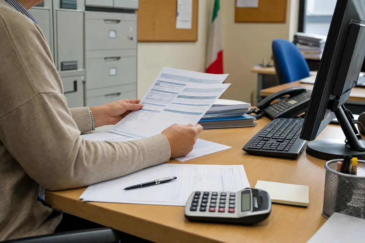Impiegato in ufficio con buste paga e documenti sul tavolo, vicino a computer e calcolatrice