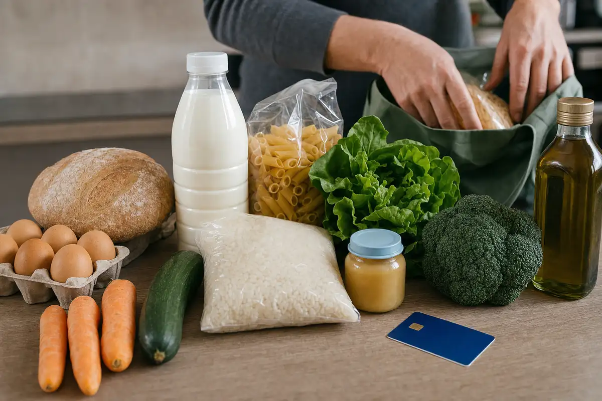 Carta prepagata anonima accanto a pane, latte, pasta, riso, uova, verdure e olio su un tavolo, con mani che preparano la