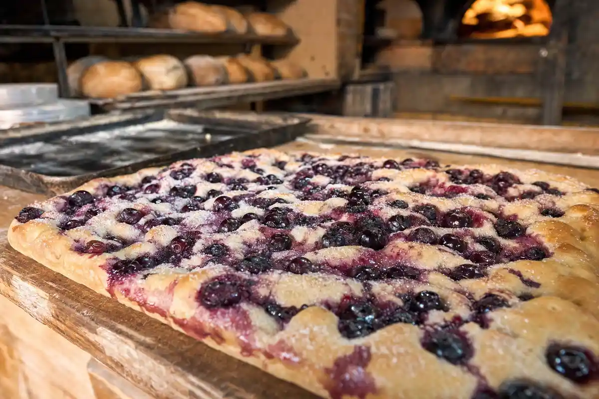 Schiacciata con l’uva su banco di legno in forno, con acini neri e zucchero in superficie