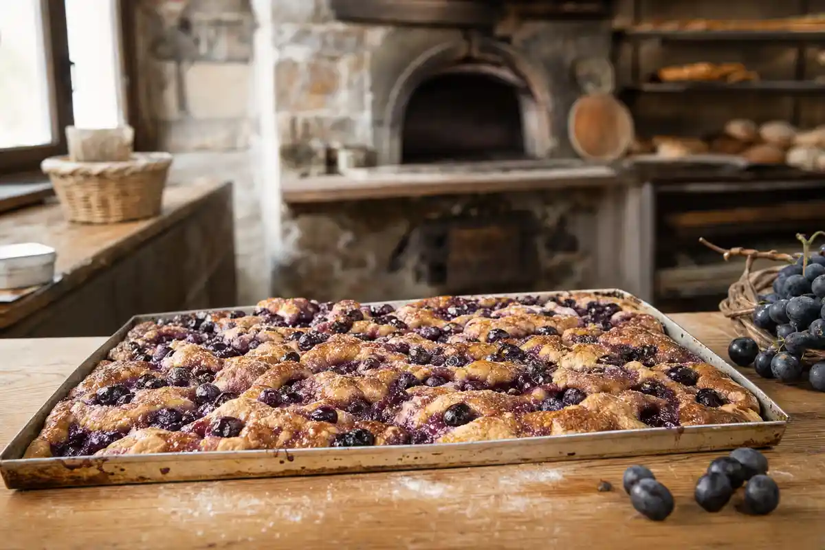 Teglia di schiacciata con l’uva appena sfornata su banco di legno, con forno in pietra sullo sfondo