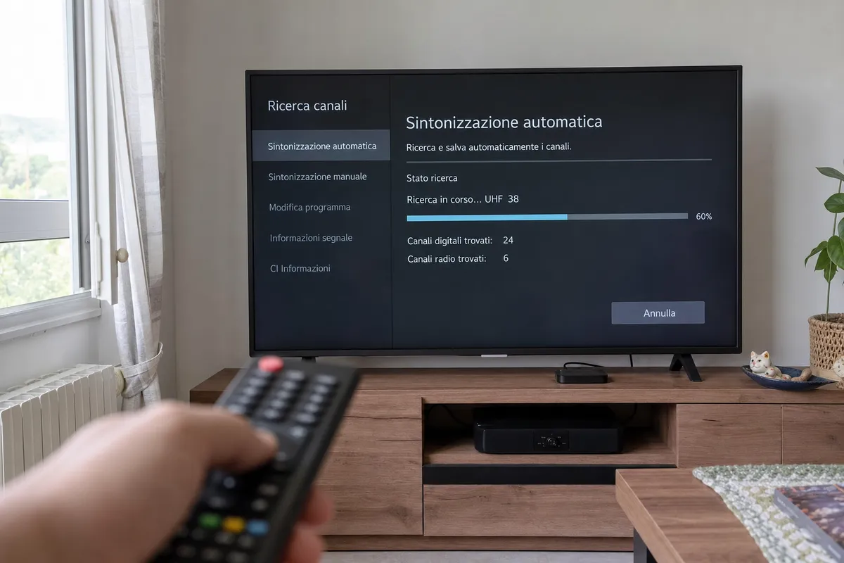 Televisore con menu Ricerca canali e sintonizzazione automatica, telecomando in primo piano in salotto