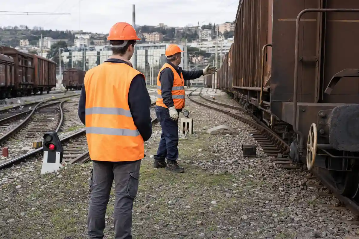 Due operatori ferroviari con casco e giubbotto arancione in uno scalo merci, vicino a carri ferroviari