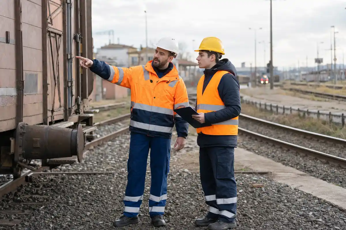 Due addetti ferroviari con caschi e gilet arancioni in uno scalo merci, vicino a un carro e ai binari