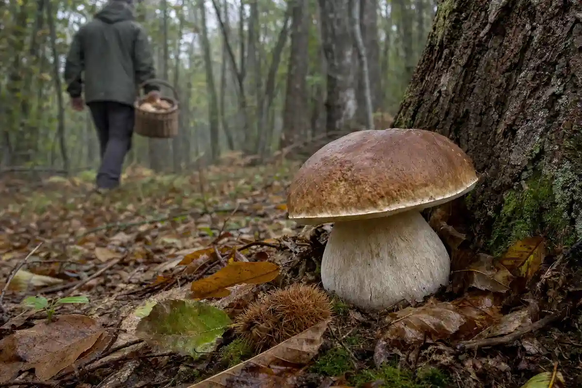 Grande fungo porcino alla base di un castagno nel bosco autunnale, con cercatore sfocato e cesta sullo sfondo