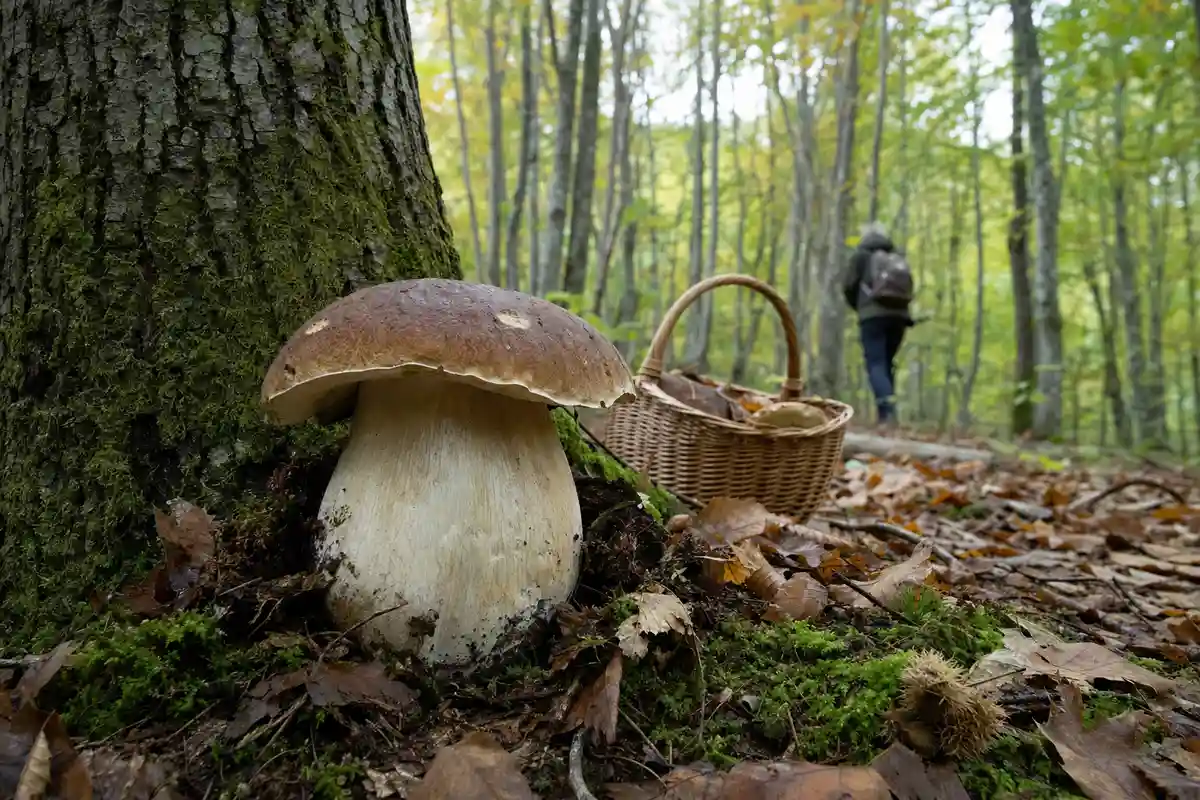 Porcino gigante alla base di un albero nel bosco autunnale, con cesta di vimini e cercatore sullo sfondo