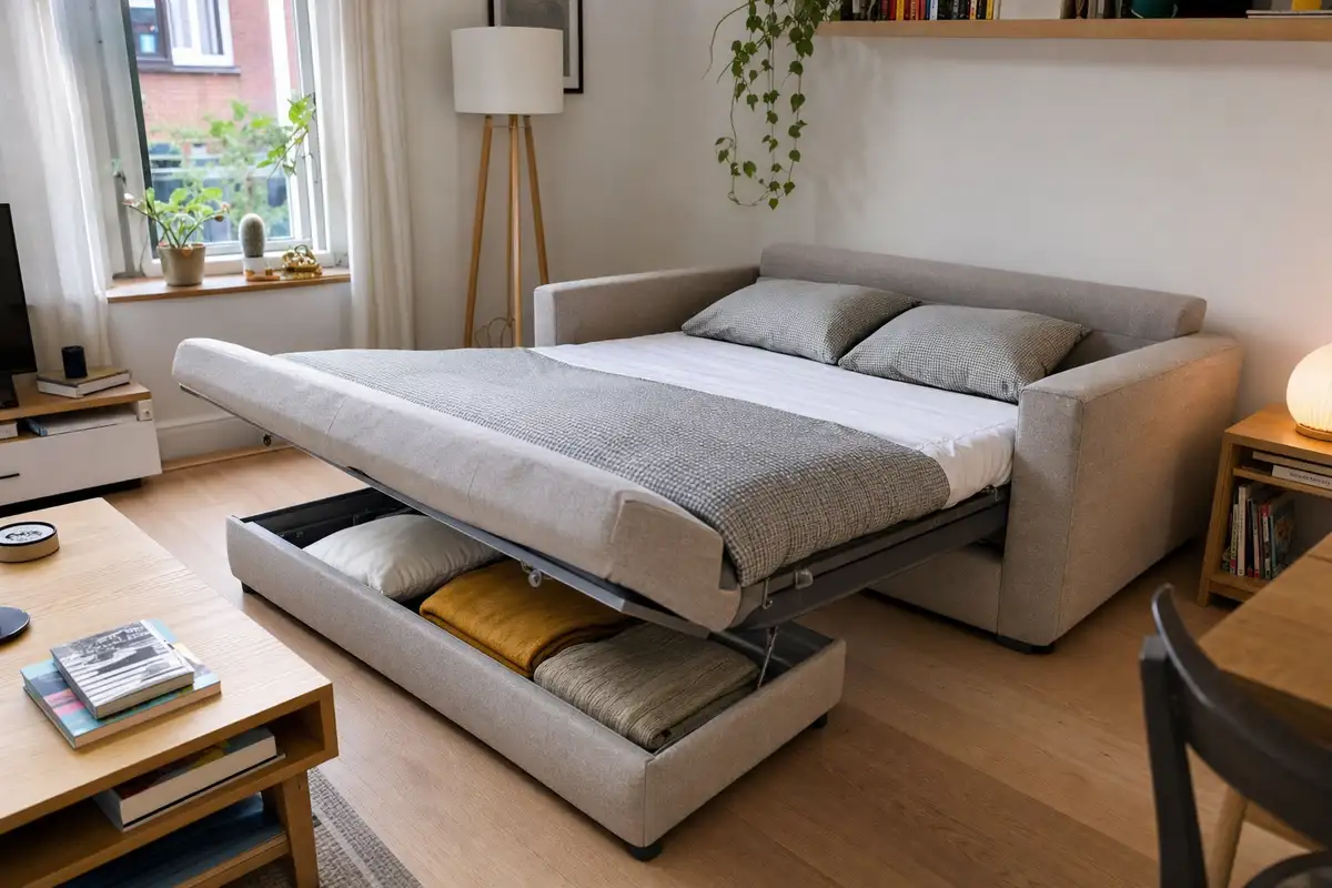 Divano letto grigio aperto con vano contenitore pieno di coperte in un piccolo soggiorno luminoso