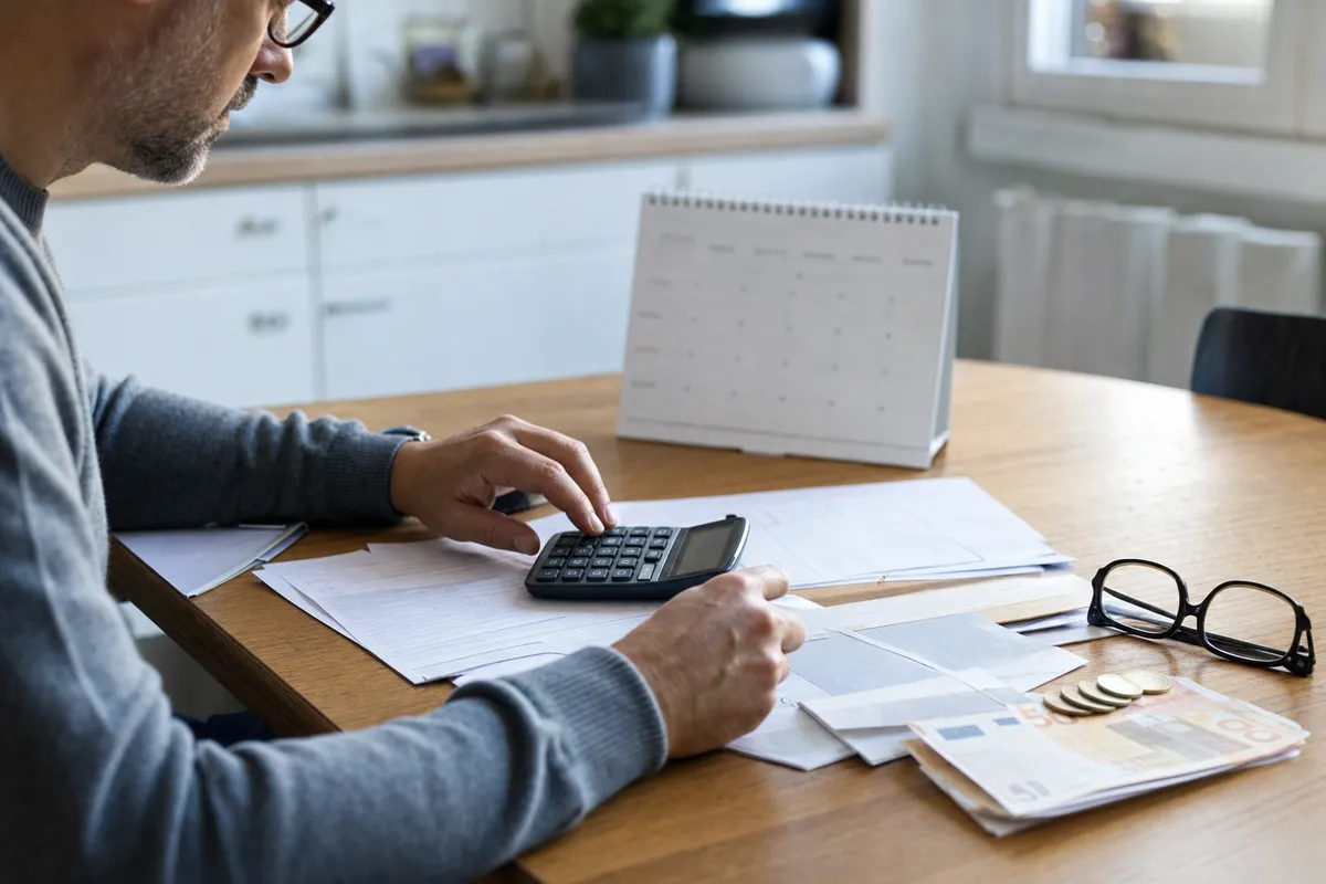 Risparmiatore al tavolo con calcolatrice, documenti, occhiali e banconote e monete in euro, con calendario sullo sfondo