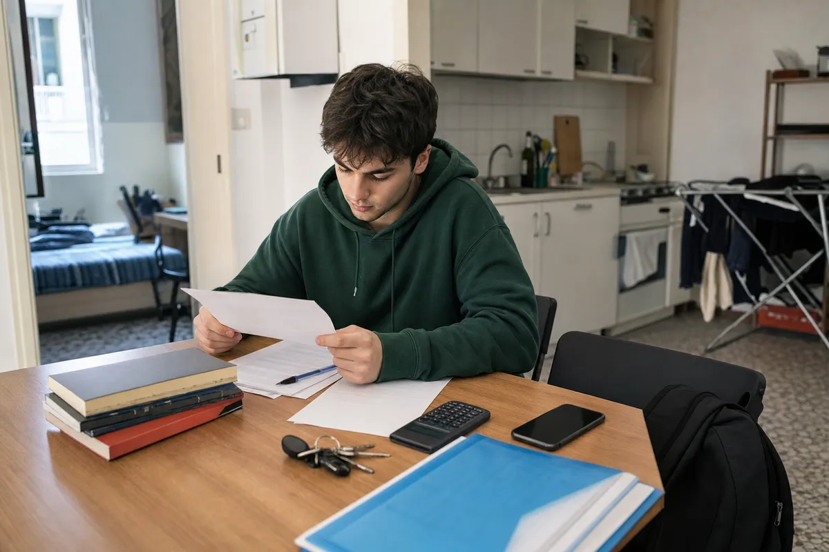 Studente al tavolo in un appartamento condiviso, legge documenti d’affitto con chiavi, calcolatrice e smartphone