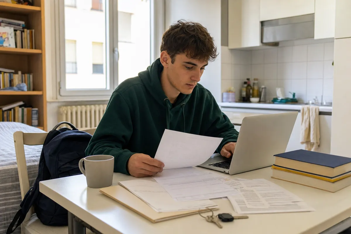 Studente al tavolo con laptop e documenti d’affitto in una stanza con angolo cottura, libri e chiavi