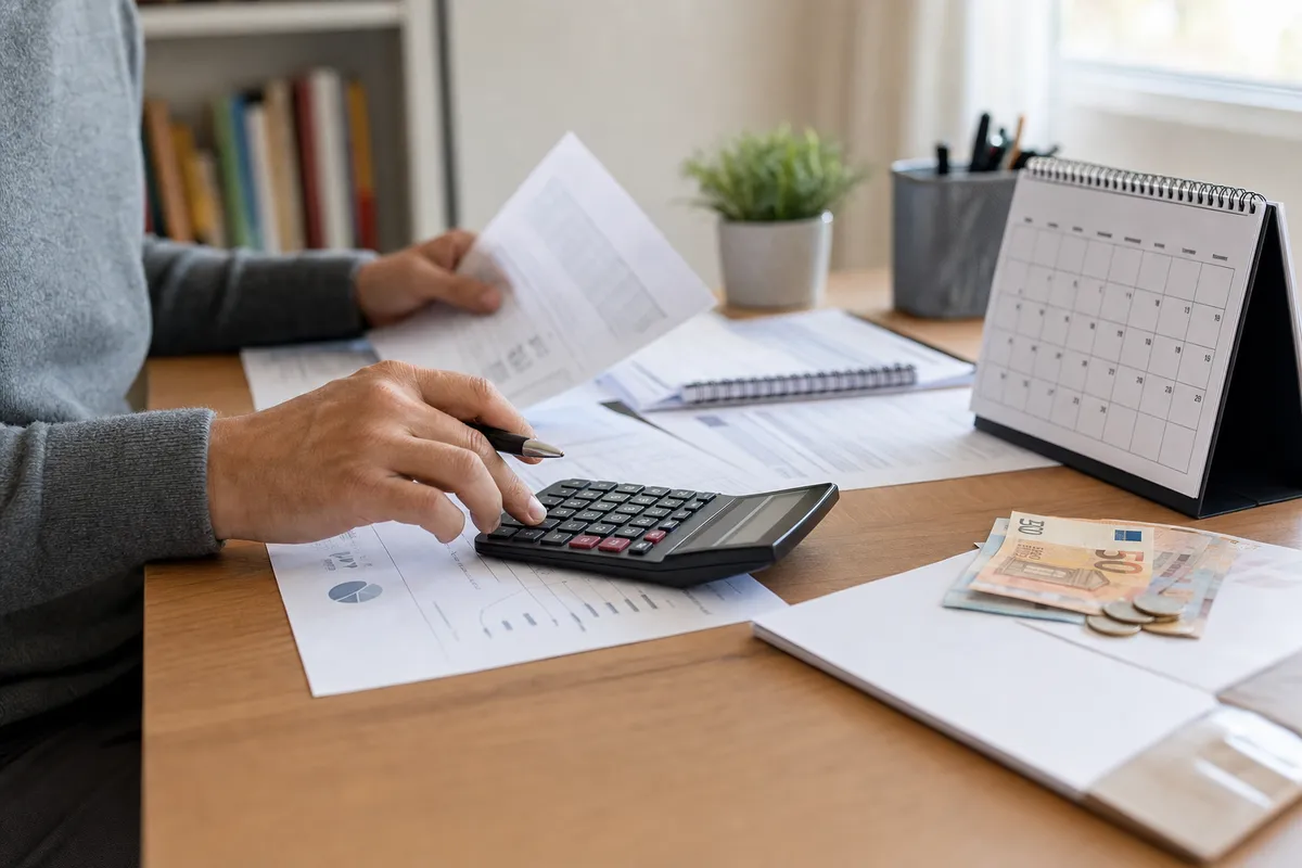 Mani su una calcolatrice tra documenti finanziari, penna e calendario da scrivania con banconote e monete euro