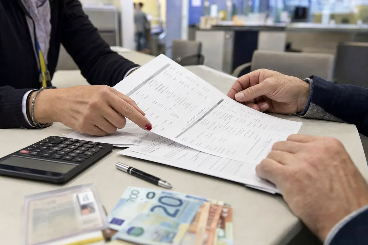 Mani al banco che esaminano documenti finanziari con calcolatrice, penna e banconote in euro