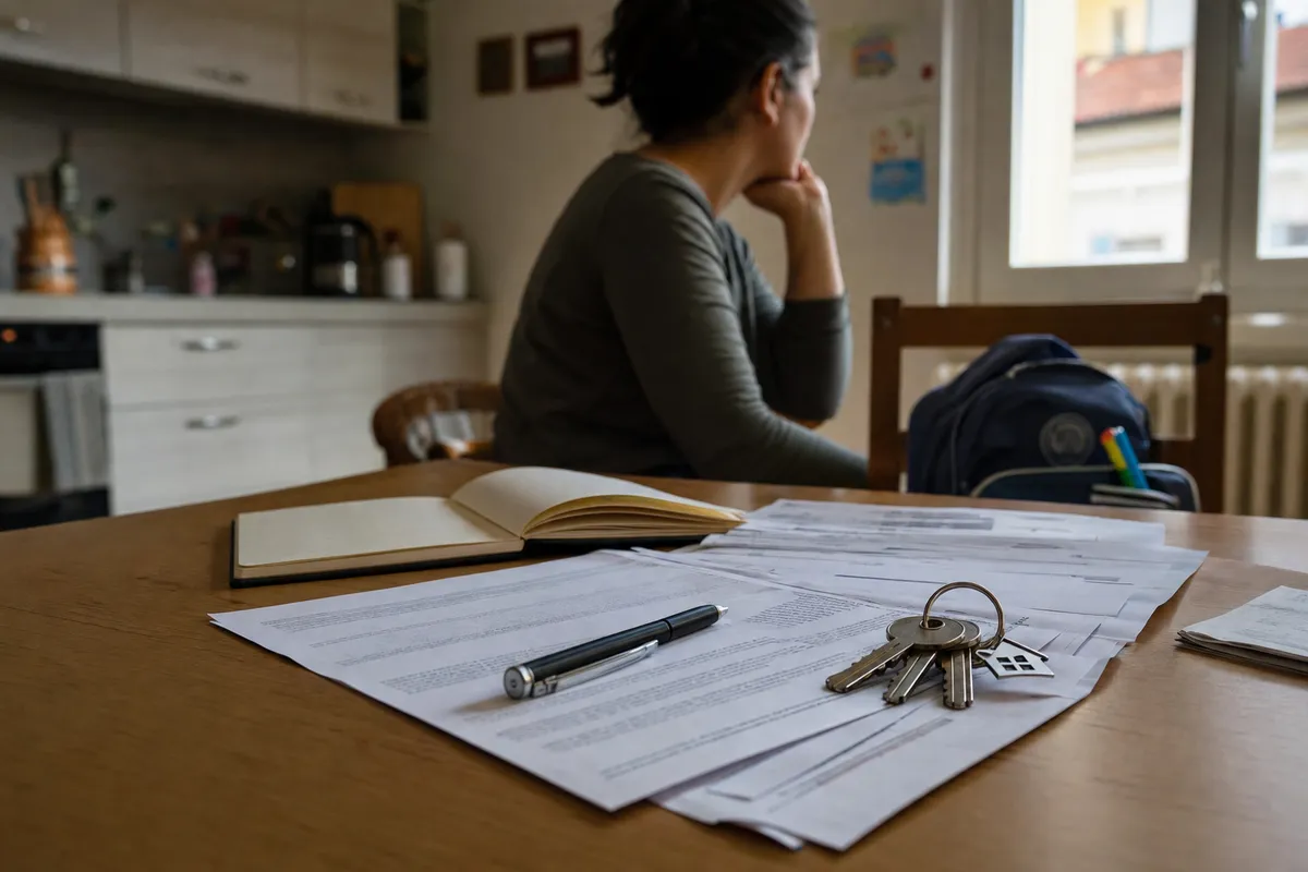 Documenti e chiavi di casa su un tavolo, con un genitore seduto pensieroso e zaino scolastico sullo sfondo