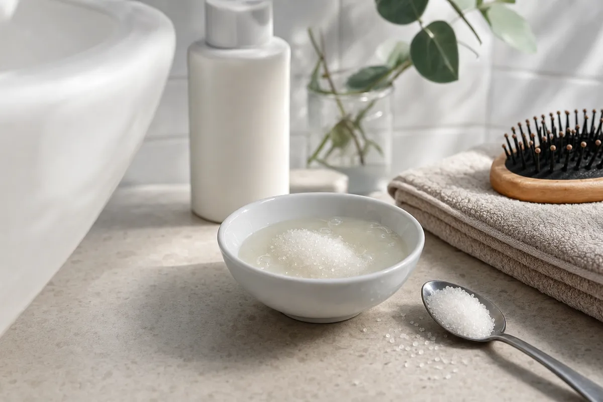 Ciotolina con shampoo e cristalli di zucchero su un lavabo, con cucchiaio di zucchero e flacone sullo sfondo