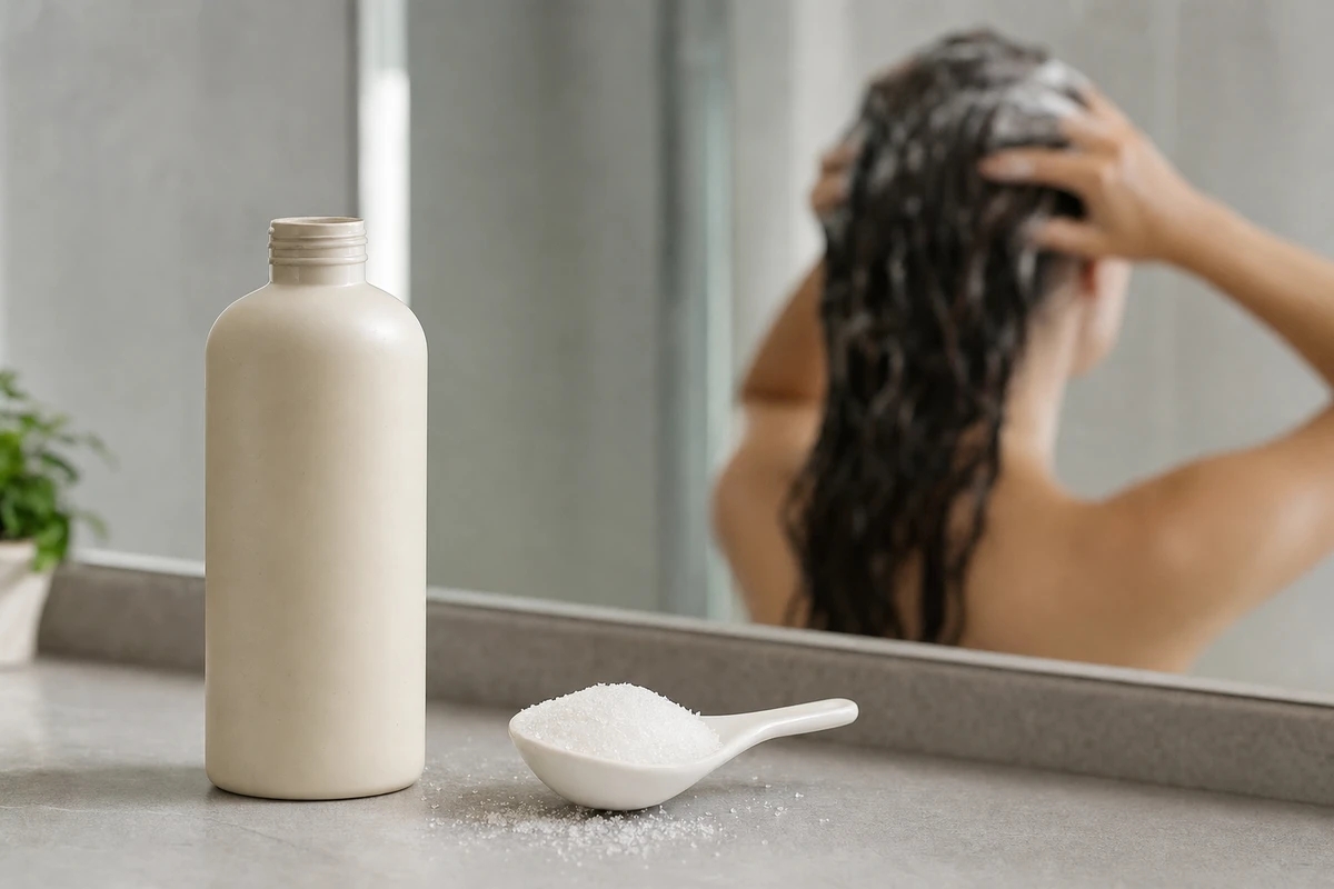 Flacone di shampoo aperto e cucchiaino con zucchero su un lavabo, con persona che lava i capelli sullo sfondo
