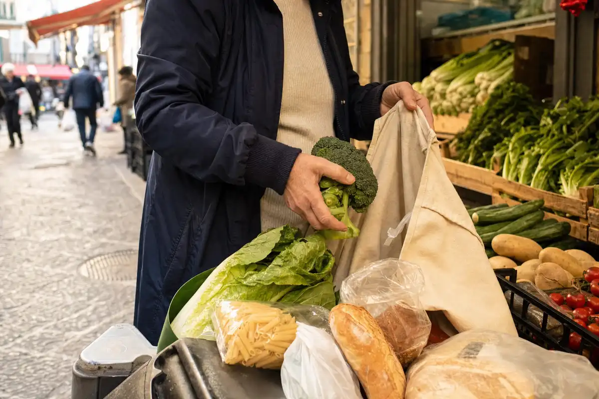 Mani di un cliente che mette verdure in una borsa di stoffa a un banco di mercato, con pasta e pane in primo piano