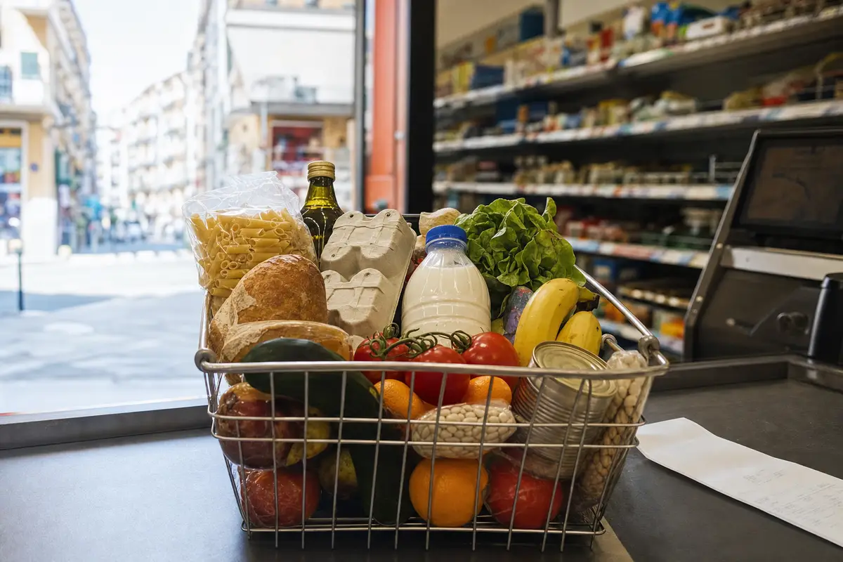 Cestino della spesa con pasta, pane, latte, uova, frutta e verdura alla cassa, con scontrino sul banco