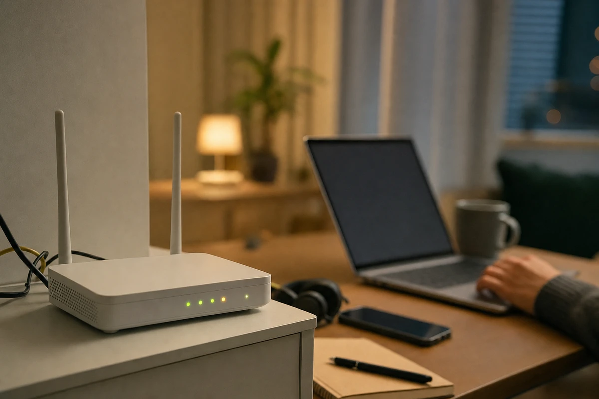 Router Wi‑Fi su un mobile con luci di stato accese, laptop aperto e smartphone su una scrivania in casa