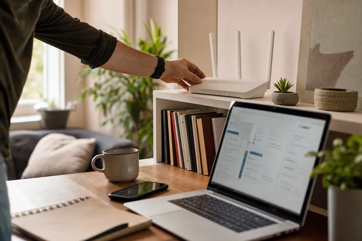 Mano che regola un router Wi‑Fi bianco su una mensola, con laptop aperto e smartphone su una scrivania