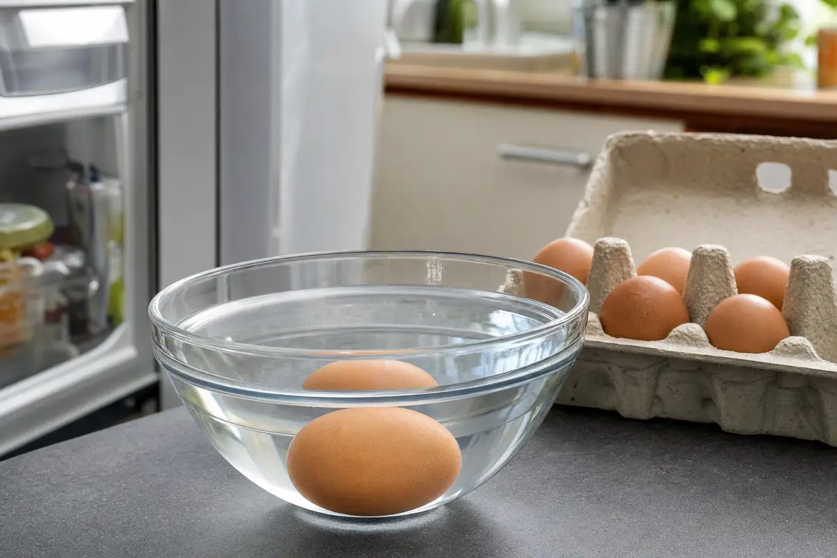 Ciotola di vetro con acqua e uovo sul fondo, accanto a cartone di uova su un piano cucina