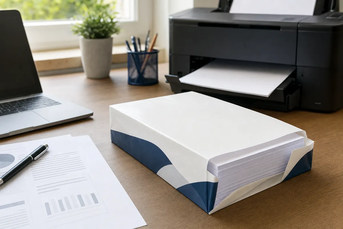 Risma di carta A4 su scrivania con stampante e laptop in un ufficio domestico illuminato dal sole