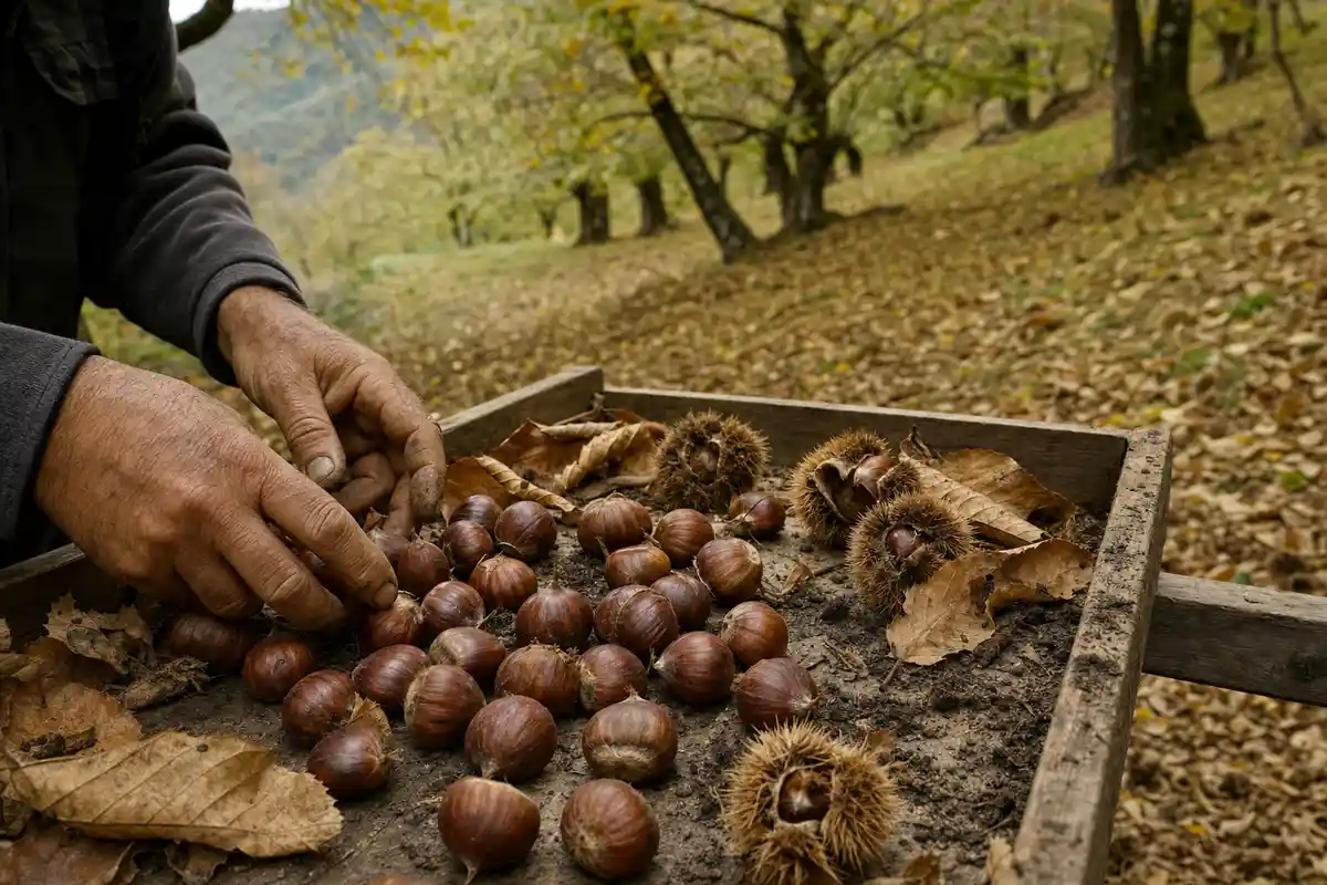 Mani che selezionano marroni su una cassetta di legno in un castagneto autunnale, con ricci e foglie secche