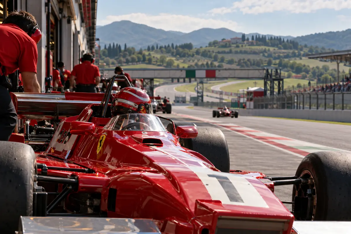 Monoposto storica Ferrari nella corsia box
