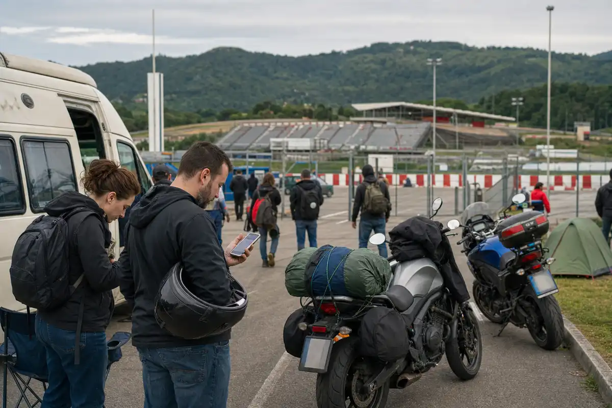 Tifosi in arrivo al circuito con moto carica e tenda, uno controlla i biglietti sullo smartphone vicino a un camper