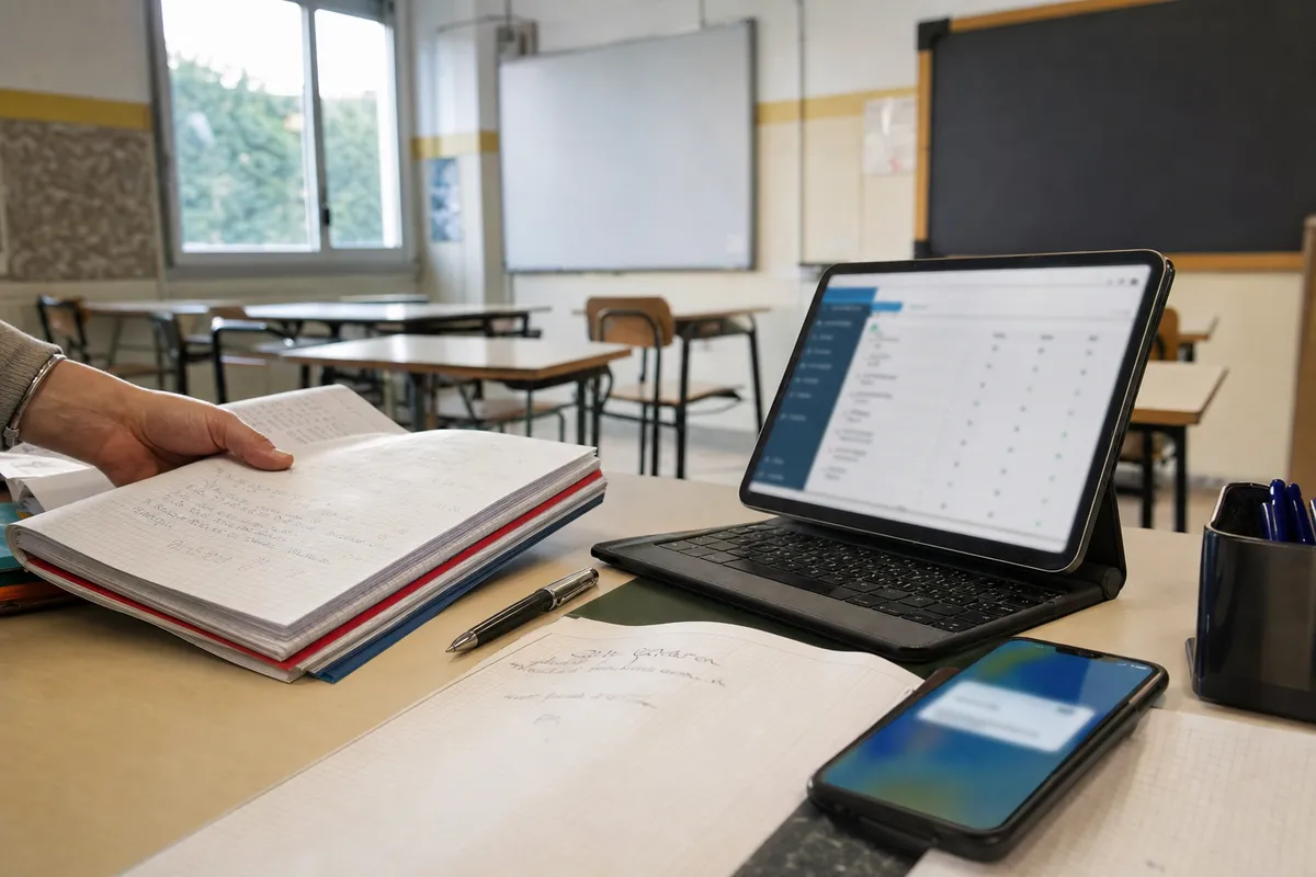 Quaderni e registro elettronico su laptop e smartphone su una cattedra, con aula vuota sullo sfondo
